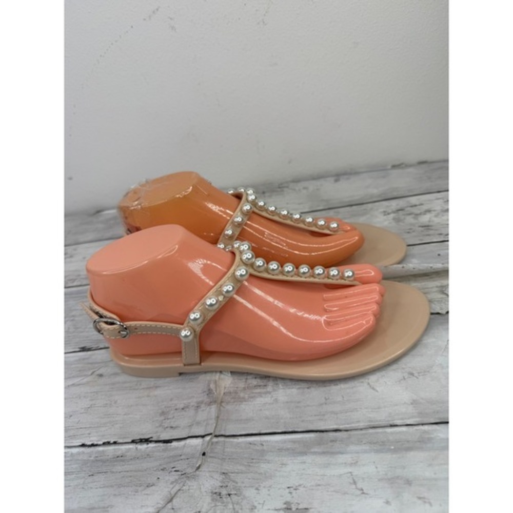 Stuart Weitzman Goldie Pearl Jelly Sandals Beige Nude T-Strap Thong 7B S0822